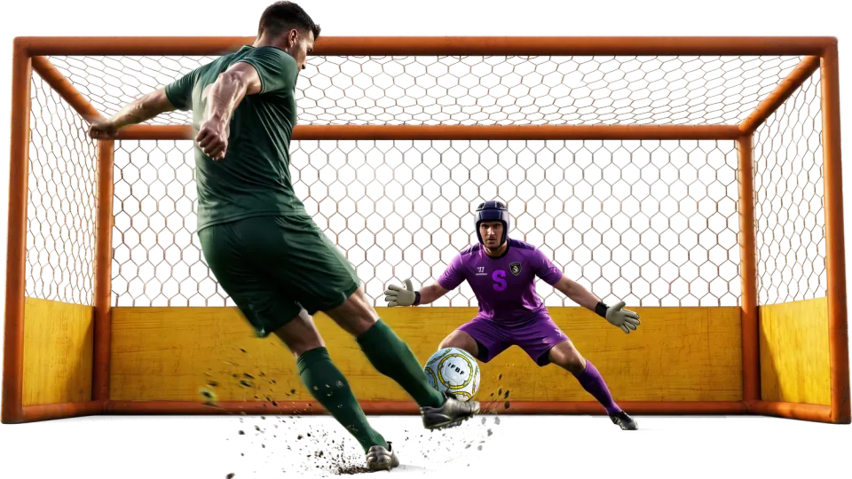 A Feetball striker striking the ball at the orange scoring post as the saver spreads to block