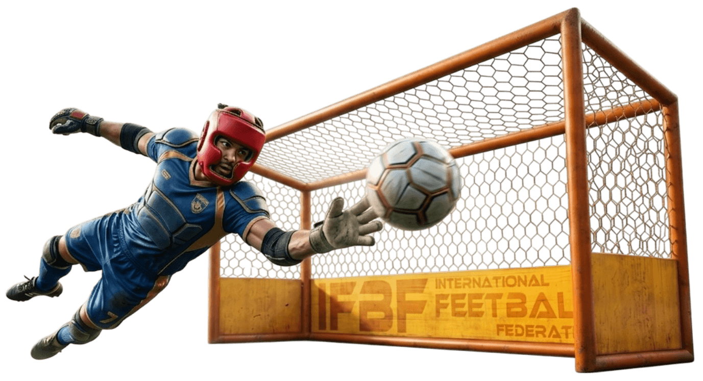 An IFBF Feetball saver diving to deny a shot in front of the scoring post